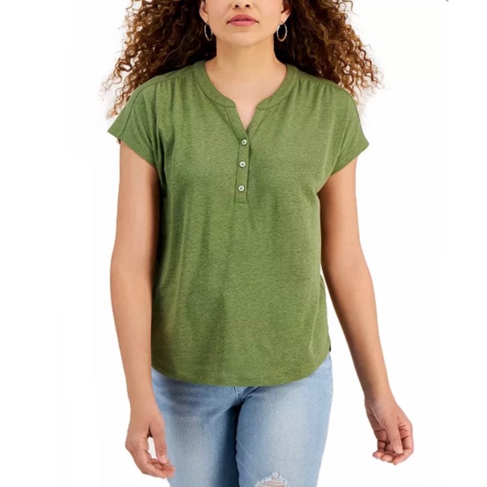 Style & CO Dolman Sleeve Henley Linen Blend Top